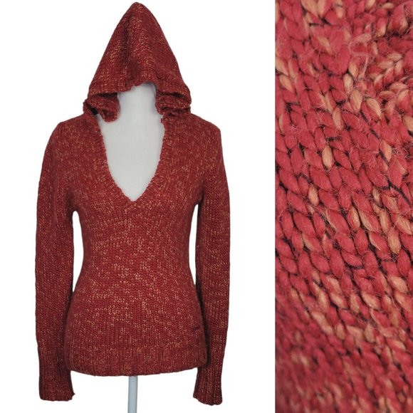 Rip Curl Sweaters - Rip Curl Women's Sz Med Hooded Knit Sweater Burnt Red Deep V Neck Surfer Girl